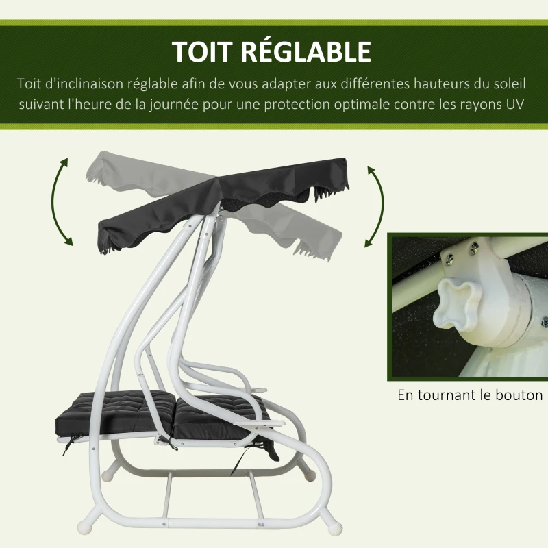 Outsunny Balancelle de jardin 2 places convertible grand confort toit inclinaison réglable coussin plateaux porte-gobelets métal polyester noir
