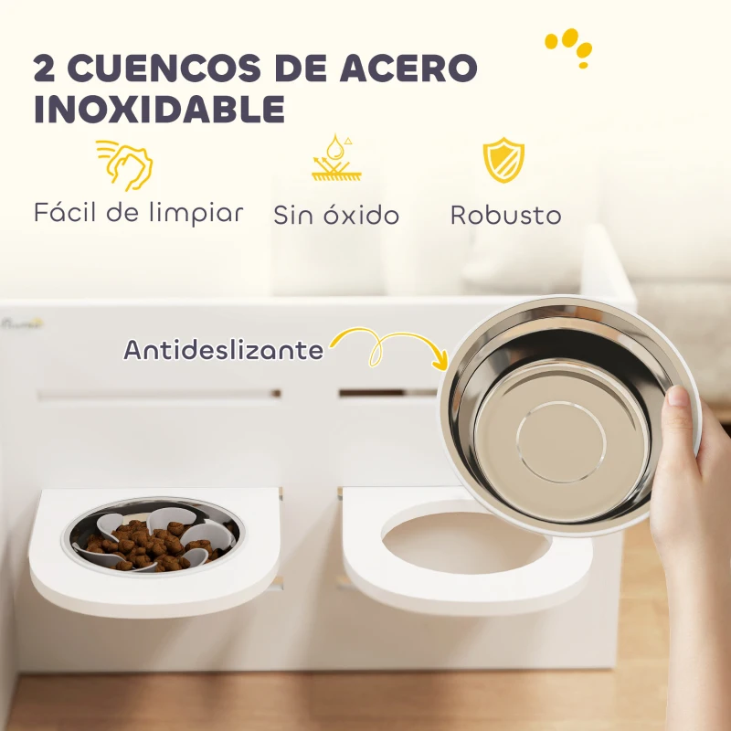 PawHut Comedero Elevado Doble para Perros con Altura Ajustable y Sistema de Alimentación Lenta 63x58,5x40 cm Blanco