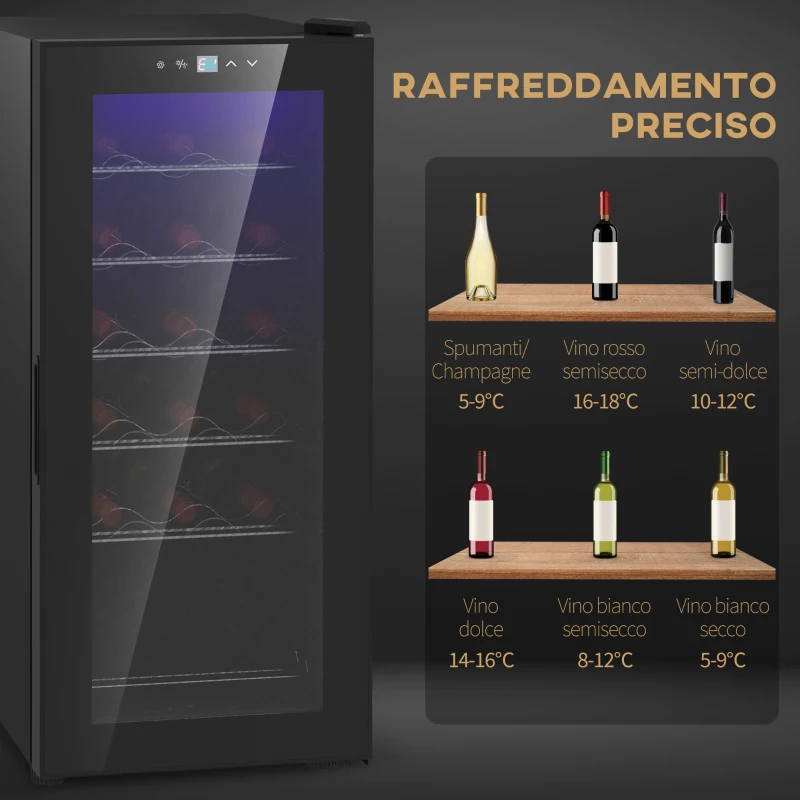 HOMCOM Cantinetta Frigorifero per 18 Bottiglie di Vino con Display Digitale, Luce LED e Controllo Temperatura, Nero