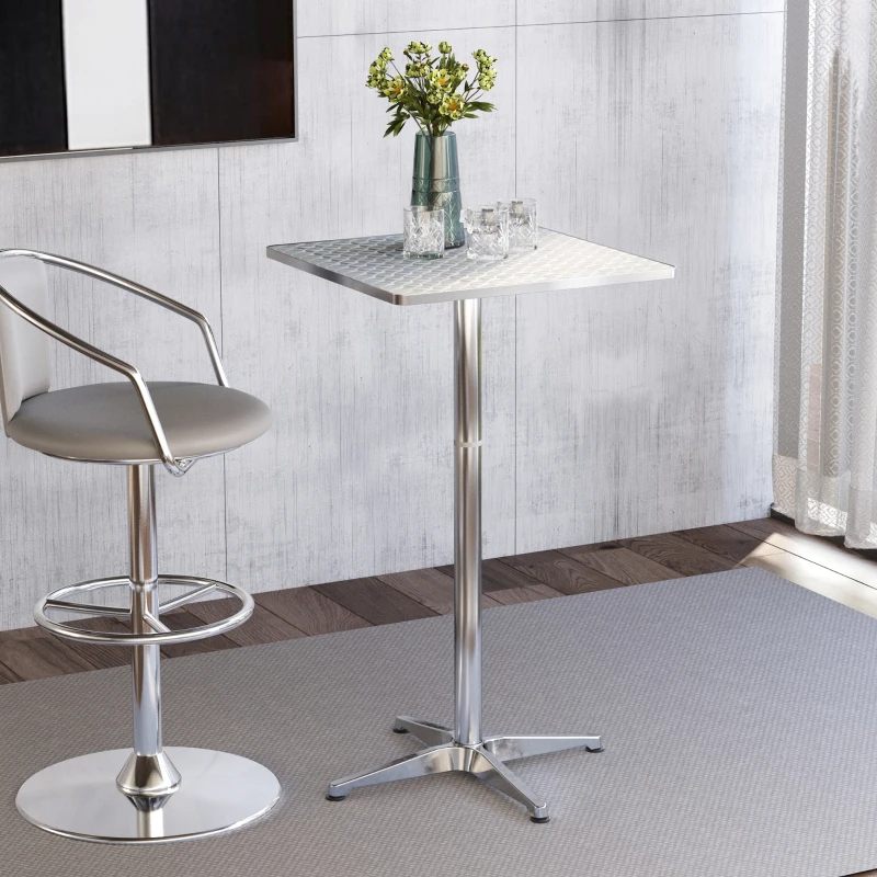 HOMCOM Tavolino Bar/Ristorante in Acciaio Inox, Tavolo con Piano Appoggio Quadrato 60x60cm e Altezza Regolabile 70-110cm