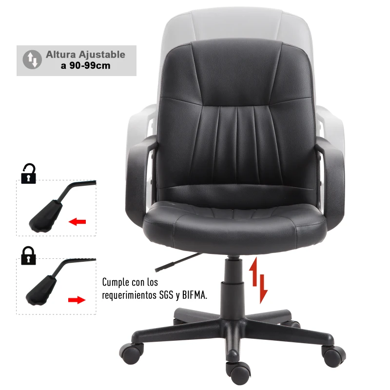 Vinsetto Silla de Oficina Giratoria Sillón de Escritorio Ergonómico con Ruedas Altura Ajustable Negro Material PU 60x60x90-99cm