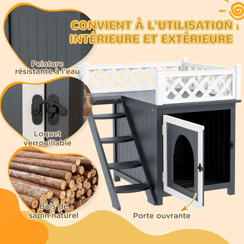 PawHut Maison pour chat niche pour chat à 2 étages avec balcon escaliers en bois massif 67,5 x 63 x 68,5 cm gris