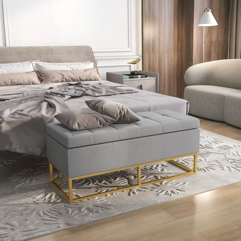 HOMCOM Banqueta con Almacenamiento Banco Rectangular Tapizado con Tapa Abatible y Patas de Acero 110x44x48 cm Gris