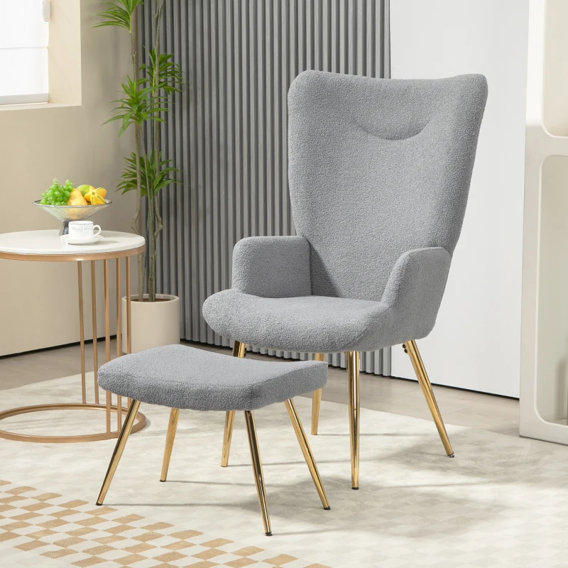 HOMCOM Ensemble fauteuil avec repose-pieds, tissu bouclette gris et pieds en métal doré, dossier haut, grand confort