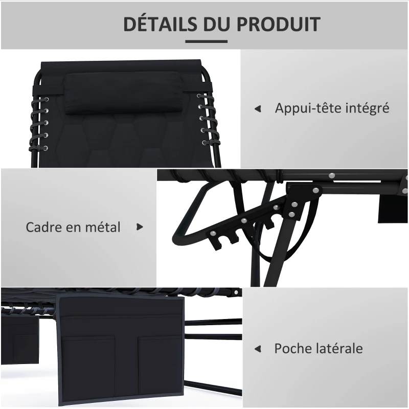 Outsunny Lot de 2 transats pliables avec dossier inclinable 5 positions - appui-tête et revêtement matelassé tissu Oxford - noir