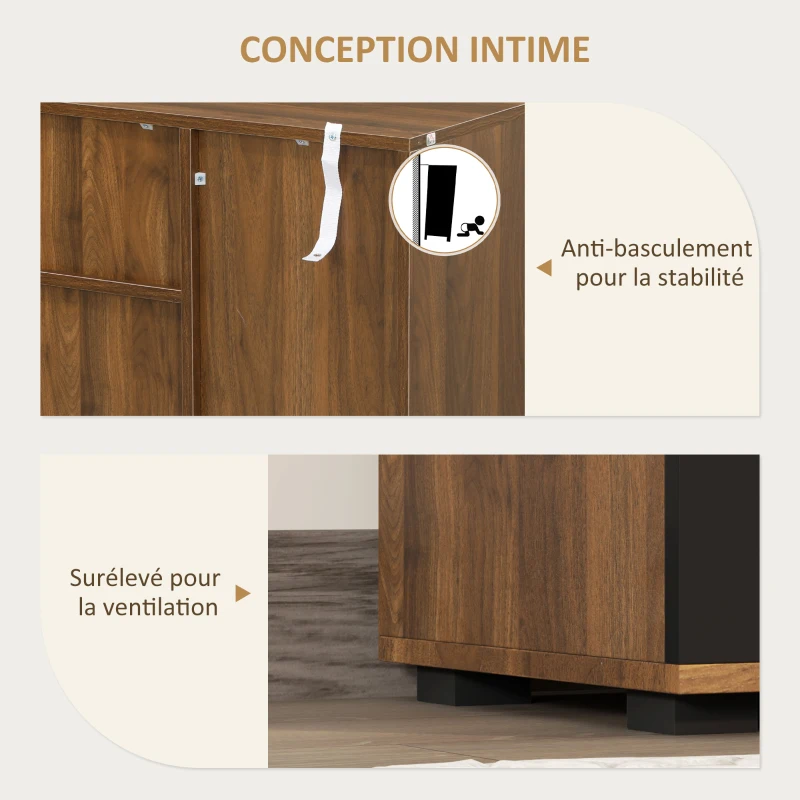 HOMCOM Buffet salon meuble de rangement avec 4 placards, tiroirs et étagères réglables, dim. 120 x 35 x 85 cm, marron et noir