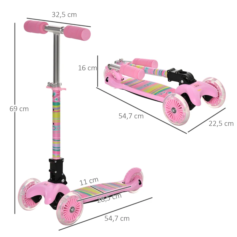 HOMCOM Patinete para Niños de +3 Años Plegable Patinete 3 Ruedas con Luces LED Manillar Altura Ajustable y Freno Posterior Carga Máxima 50 kg 54,7x32,5x59-69 cm Rosa