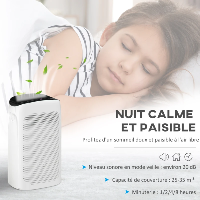HOMCOM Purificateur d'air HEPA H11, Ioniseur, CADR 210m³/h mode veille silencieux minuterie 3 vitesses 42W - blanc