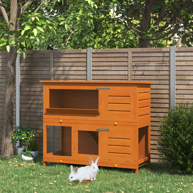 PawHut Cage à lapin poulailler clapier en bois de pin de grande taille avec 2 étages râtelier à foin toit ouvrant dim.120L x 48l x100H cm
