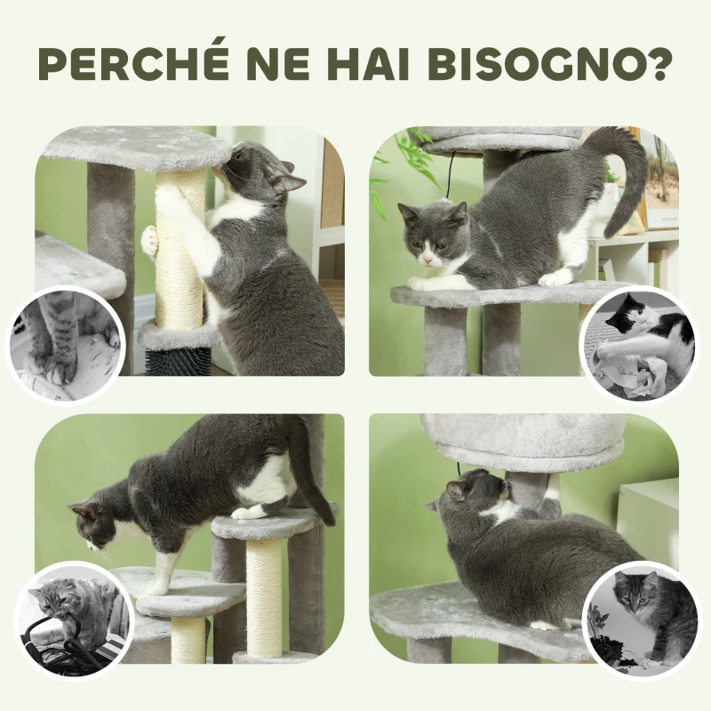 PawHut Albero per Gatti con Casetta, Lettino e Palline, in Truciolato, Sisal e Peluche, 60x39x87 cm, Grigio Chiaro e Crema