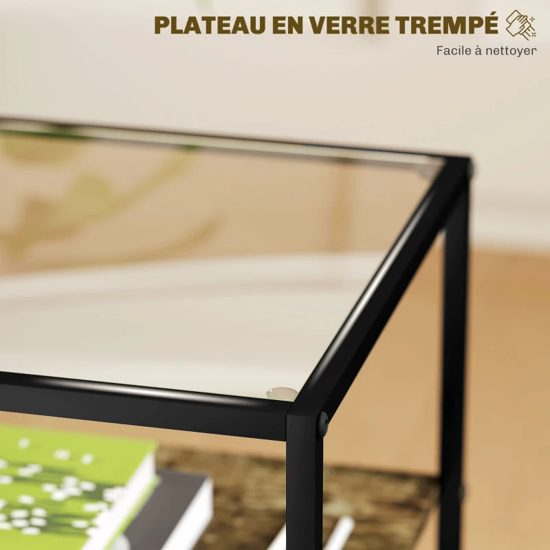 HOMCOM Tables d'appoint lot de 2 tables de chevet à 3 niveaux avec plateau en verre trempé 37 x 40 x 55,5 cm marron rustique
