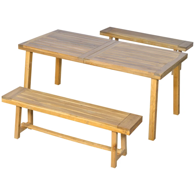 Outsunny 3 Pieces Picnic Bench Set with Table and 2 Benches, Acacia wood Dining Trestle Beer Table and Seat,  Natural Wood Finish