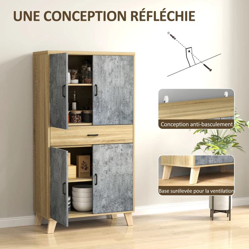 HOMCOM Armoire de cuisine buffet cuisine meuble de rangement avec 2 placards à portes double, étagères réglables et tiroir