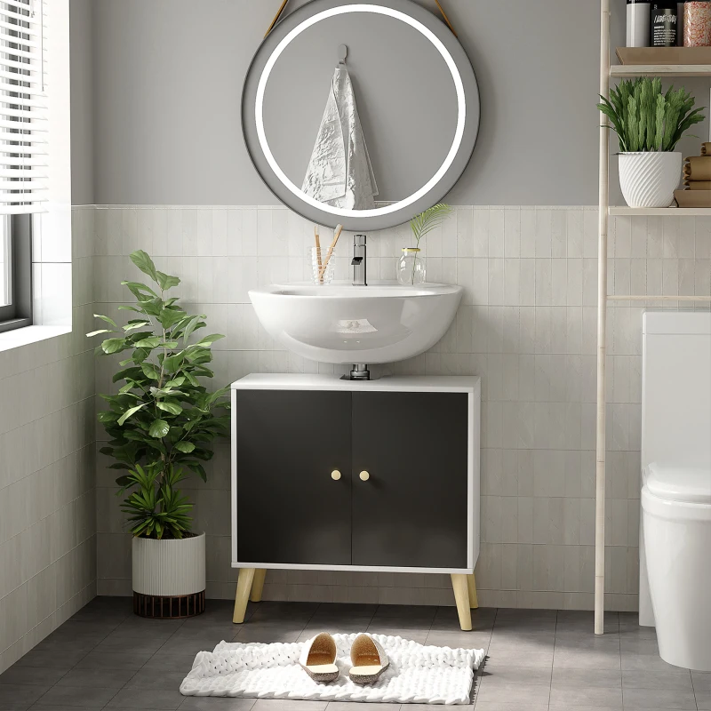 kleankin Modern Bathroom Sink Cabinet, Under Sink Storage Cabinet, with Adjustable Shelf and Solid Wood Legs, Black and White
