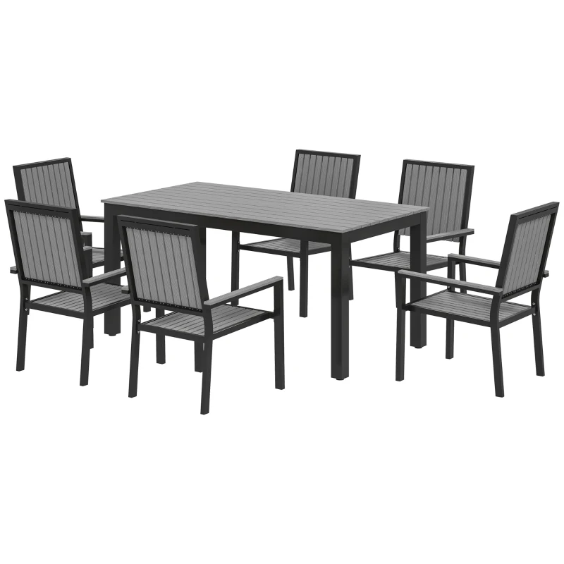 Outsunny 6 Seater Garden Dining Set with Stackable Chairs, Aluminium Frame, Rectangular Plastic Top, Garden Furniture Set, Outdoor Dining Table and Chairs for Patio, Balcony, Poolside, Grey