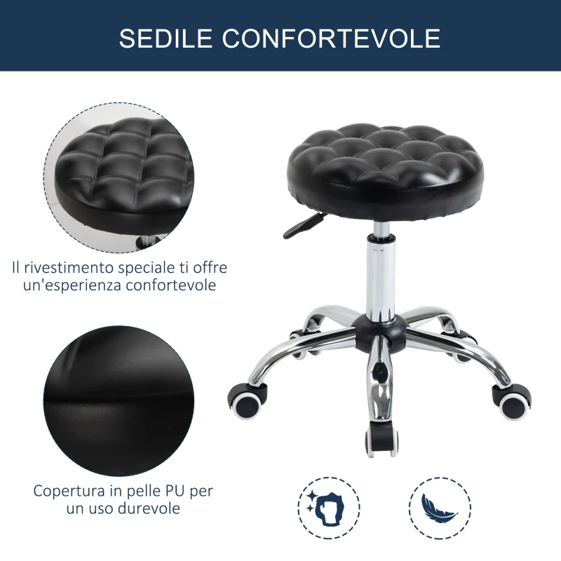 HOMCOM Sgabello ad Altezza Regolabile con 5 Ruote, in Acciaio, Gommapiuma e pelle PU, Ф48x47-59Acm