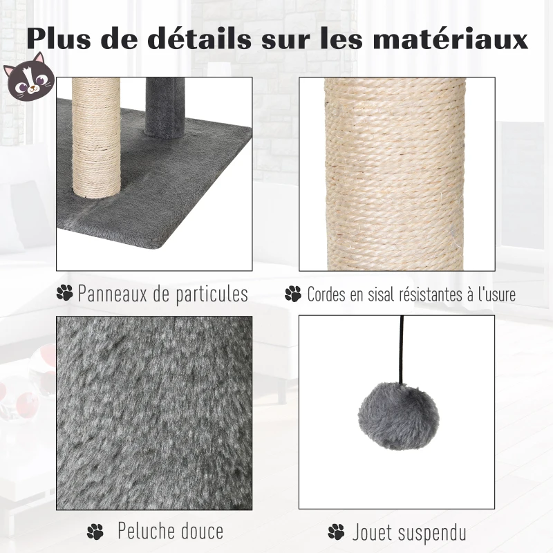 PawHut Arbre à chats multi-équipements griffoirs grattoirs plateformes rampes niche hamac jouets suspendus dim. 60L x 49l x 130H cm gris
