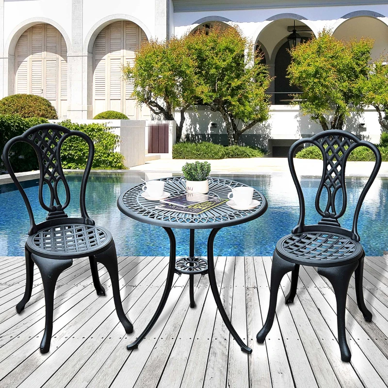 Outsunny 3 Piece Patio Cast Aluminium Bistro Set Garden Outdoor Furniture Table and Chairs Shabby Chic Style