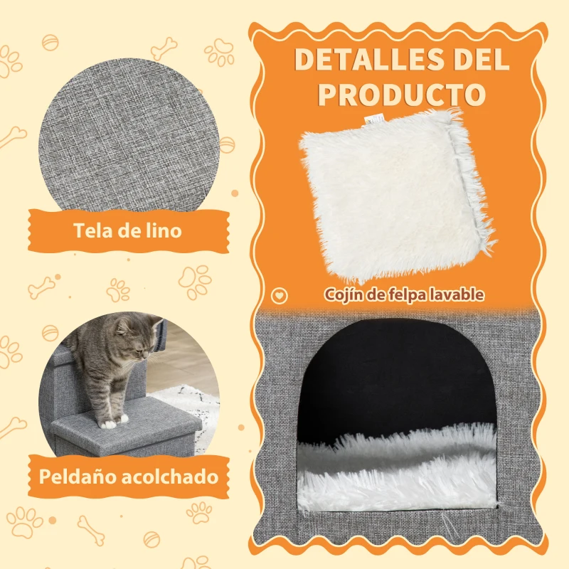 PawHut Escalera para Mascotas de 3 Peldaños 2 Cajas de Almacenaje Cueva y Cojín para Cama Sofá 73,5x33x40,5 cm Gris