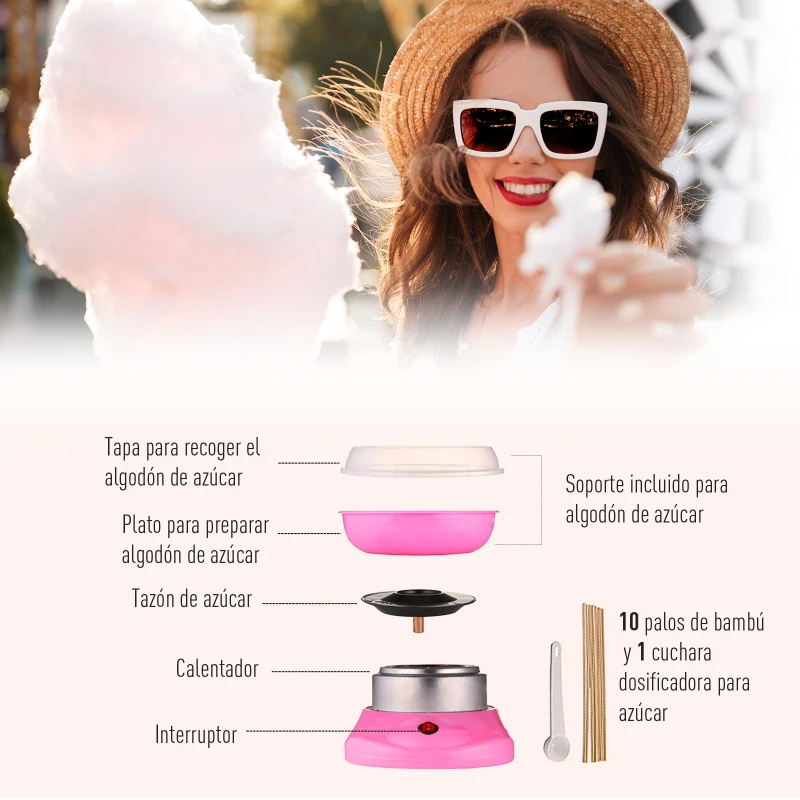 HOMCOM Máquina de Algodón de Azúcar de Uso doméstico de Polipropileno Acero Inox. y Aluminio 450W-550W 27x26x18 cm Rosa