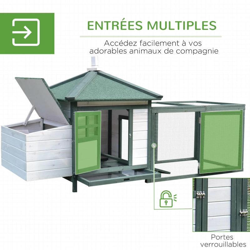 PawHut Poulailler cottage multi-équipement perchoir rampe pondoir enclos tiroir à déjection 196L x 76l x 97H cm bois massif pin vert blanc