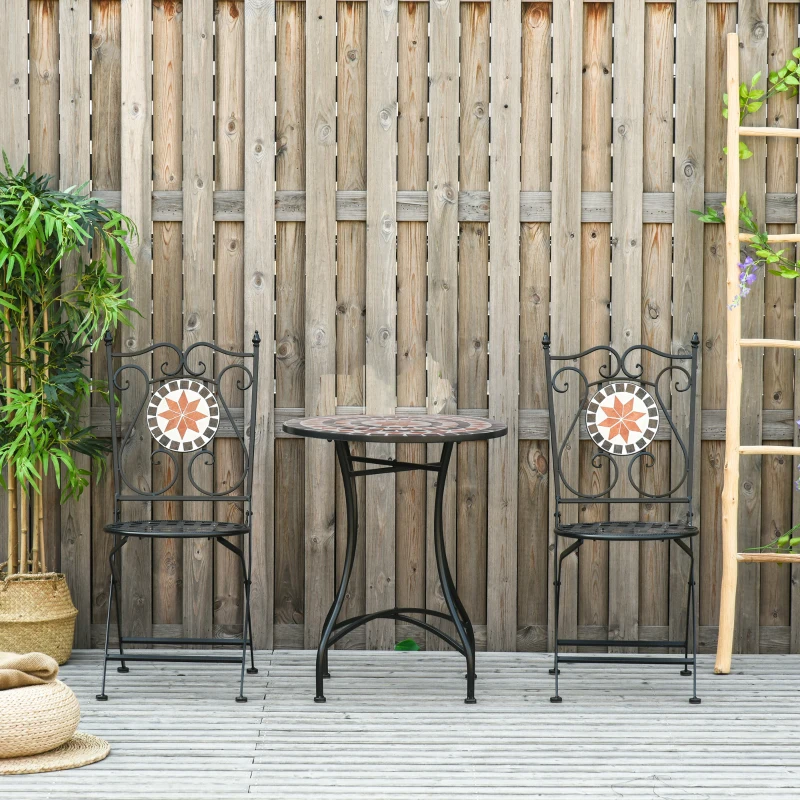 Outsunny Mobili da Giardino Set da 3 Pezzi con 2 Sedie Pieghevoli e 1 Tavolino, in Metallo e Ceramica