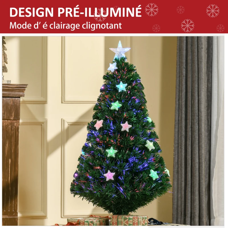 HOMCOM Sapin de Noël artificiel lumineux 120 cm 16 lumières LED fibres optiques lumineux multicolores 130 branches PVC étoile sommet brillante vert