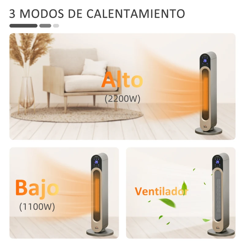 HOMCOM Calefactor Cerámico de Torre 1100/2200W con Mando Pantalla LED Temporizador y Oscilación Ø25x73,5 cm Plata
