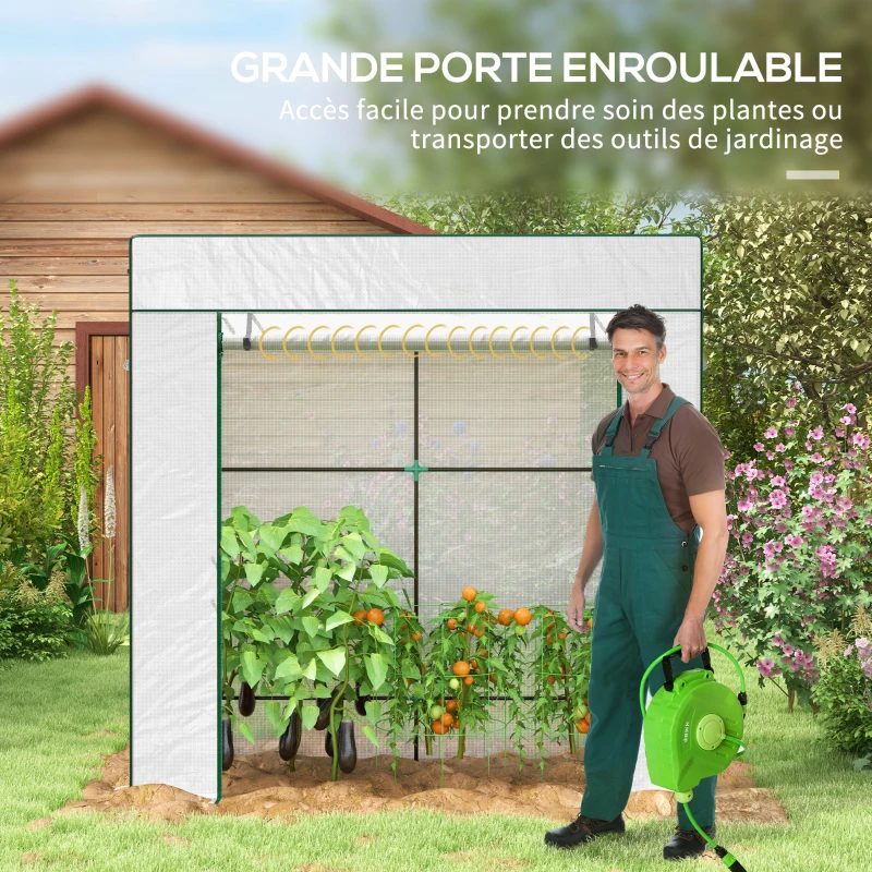 Outsunny Serre de jardin murale adossée avec 1 porte enroulable, bâche PE renforcée, 2 fenêtres, dim. 196L x 77l x 197/178H cm