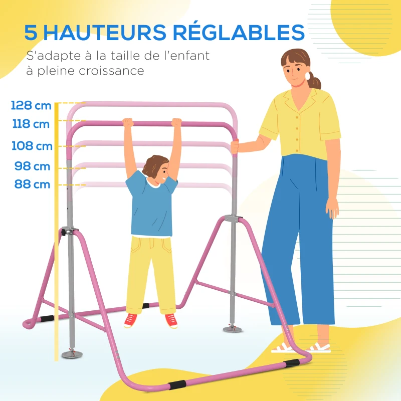 HOMCOM Barre fixe de gymnastique pour enfants pliante hauteur réglable de 88 à 128 cm rose