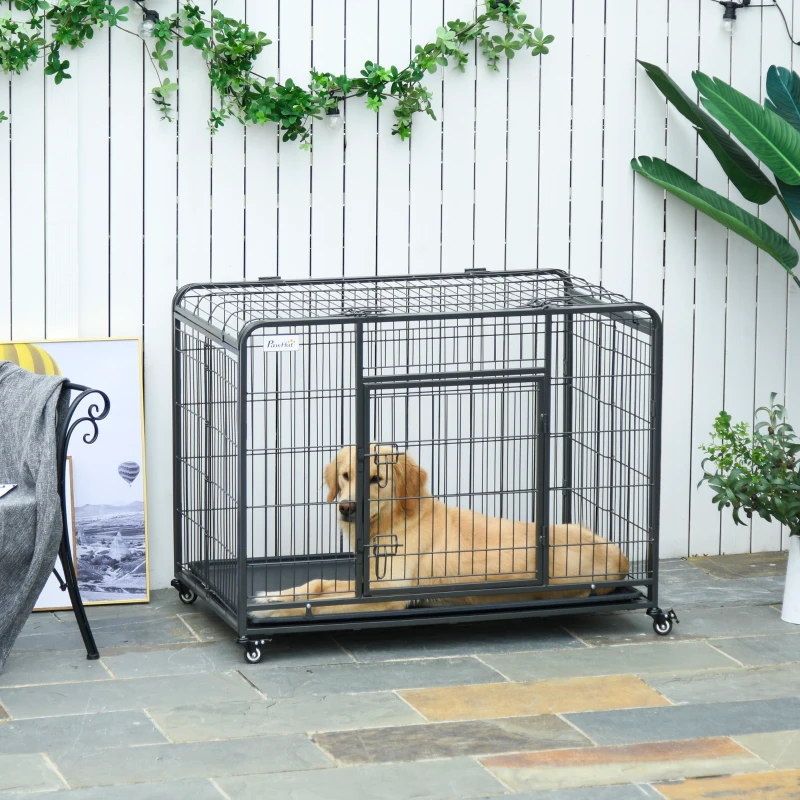 PawHut Cage pour chien pliable cage de transport sur roulettes 2 portes verrouillables plateau amovible dim. 109,5L x 71l x 78H cm métal gris foncé