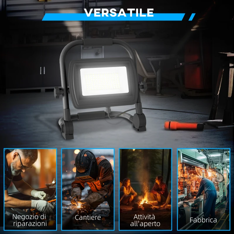 HOMCOM Faretto LED da Lavoro da 6500k con Testa Girevole e Supporto, in Alluminio e Metallo, 25.5x16x25.5 cm, Nero