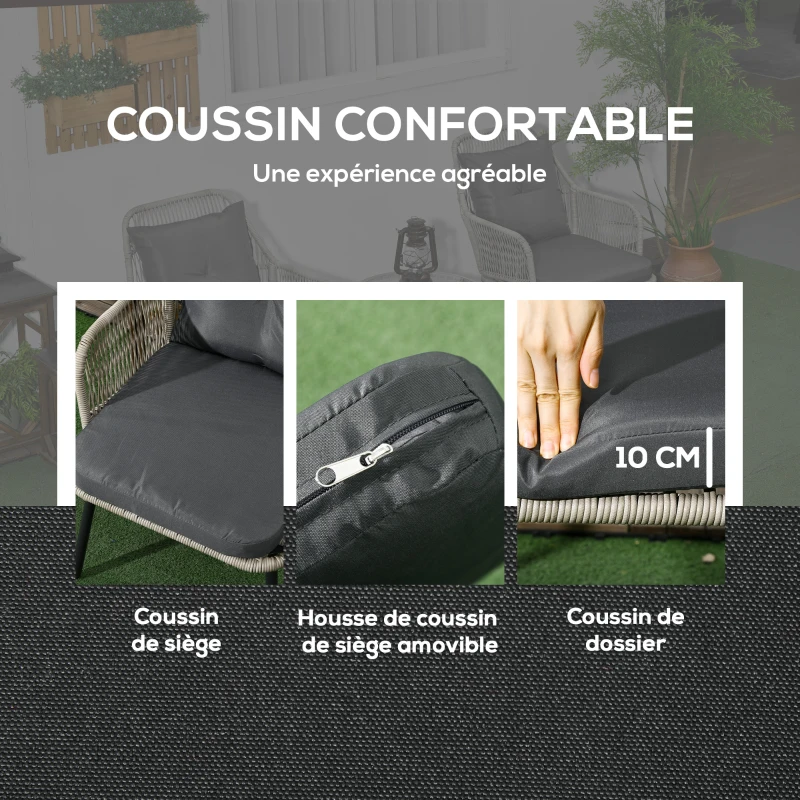 Outsunny Salon de jardin en résine tressée 3 pièces cadre en acier 2 fauteuils + 1 table basse ronde coussins inclus
