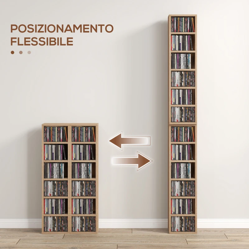 HOMCOM Set di 2 Scaffali Porta CD con Mensole Regolabili per 204 CD, 21x22.5x88.5 cm, Colore Legno