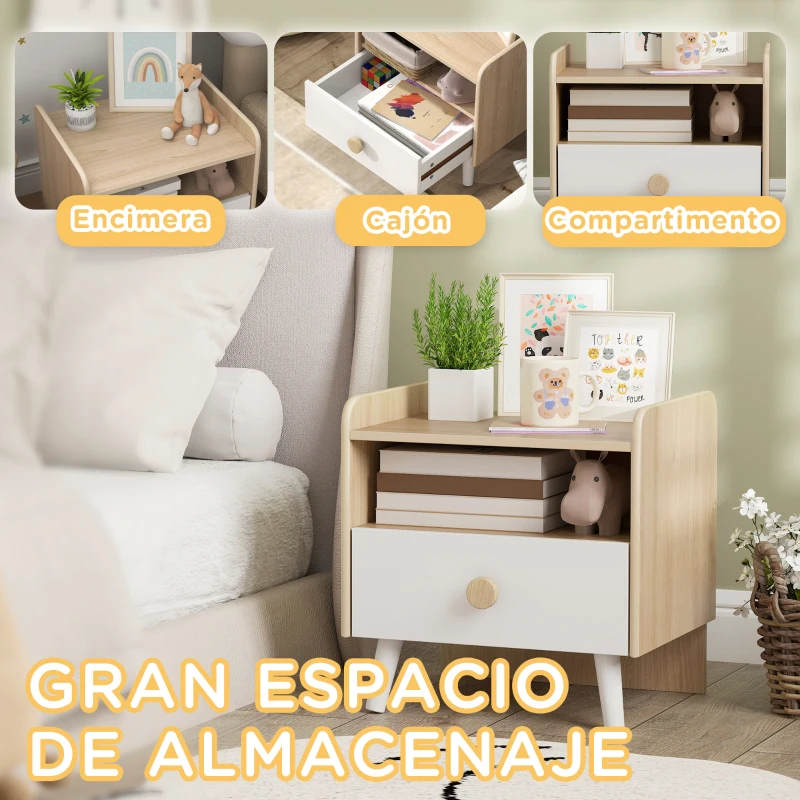 AIYAPLAY Mesita de Noche para Niños de +3 Años con Cajón y Bordes Redondeados para Dormitorio Roble y Blanco