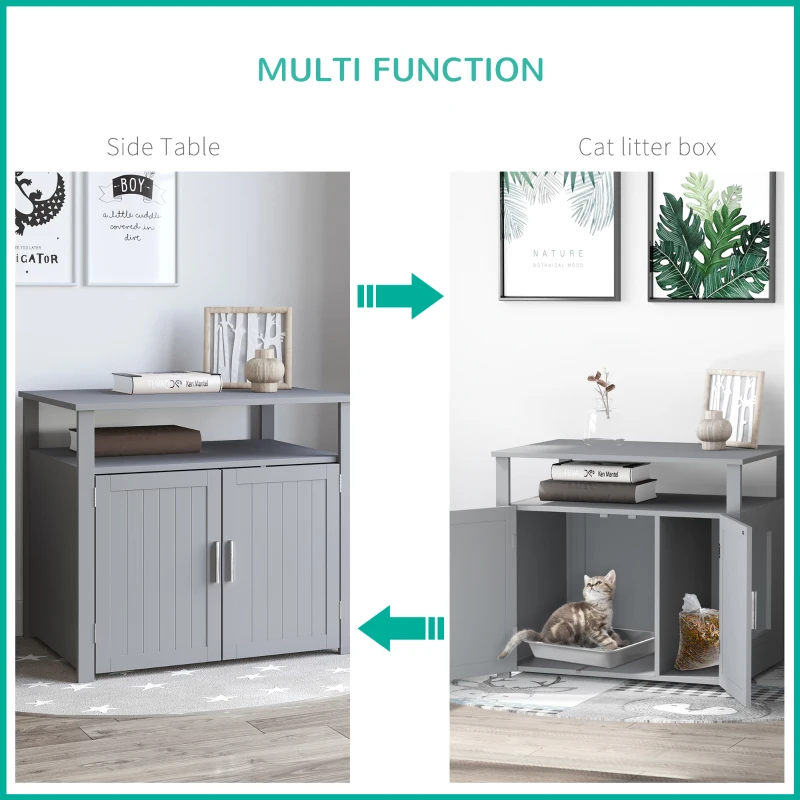 PawHut Wooden Cat Litter Box Enclosure Furniture with Adjustable Interior Wall & Large Tabletop for Nightstand, Grey