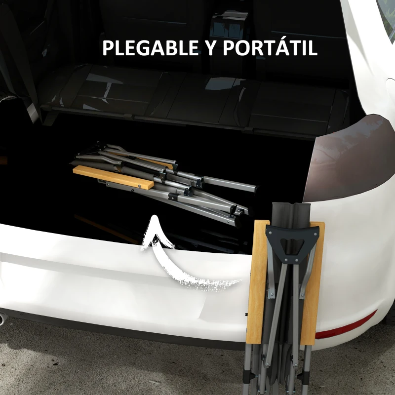 Outsunny Silla de Camping Plegable de Aluminio Respaldo Ajustable Reposabrazos de Madera Bolsa de Transporte 74x59,5x98 cm Gris