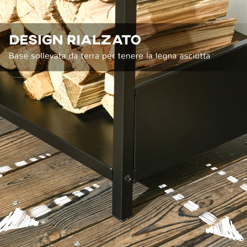 Outsunny Scaffale Portalegna da Esterno e Interno in Acciaio con Base Rialzata, 39x35x76cm, Nero