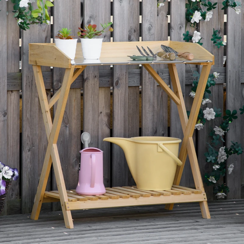 Outsunny Tavolo da Giardinaggio in Legno con Piano in Metallo Antiruggine e Ripiano Portaoggetti, 80x40x84cm
