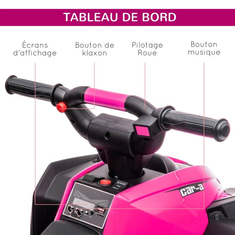 HOMCOM Quad buggy électrique enfant 12 V 6 Km/h max. effets lumineux selle pour enfant 3-5 ans métal PP noir rose(m-6)