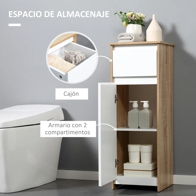 kleankin Armario Auxiliar de Baño con 1 Cajón y 1 Puerta Mueble Auxiliar de Baño para Salón Aseo Dormitorio Estilo Moderno Antivuelco 32,6x30x90 cm Blanco y Natural