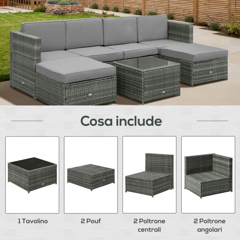 Outsunny Set da 7 Pezzi Salotto da Esterni in Rattan con Poltrona Pouf Tavolino Grigio