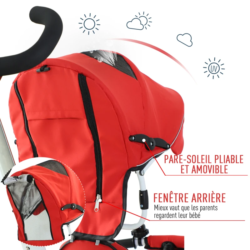 HOMCOM Tricycle enfant évolutif pliable pare-soleil pliable canne télescopique amovible 118L x 53l x 105H cm métal blanc rouge noir