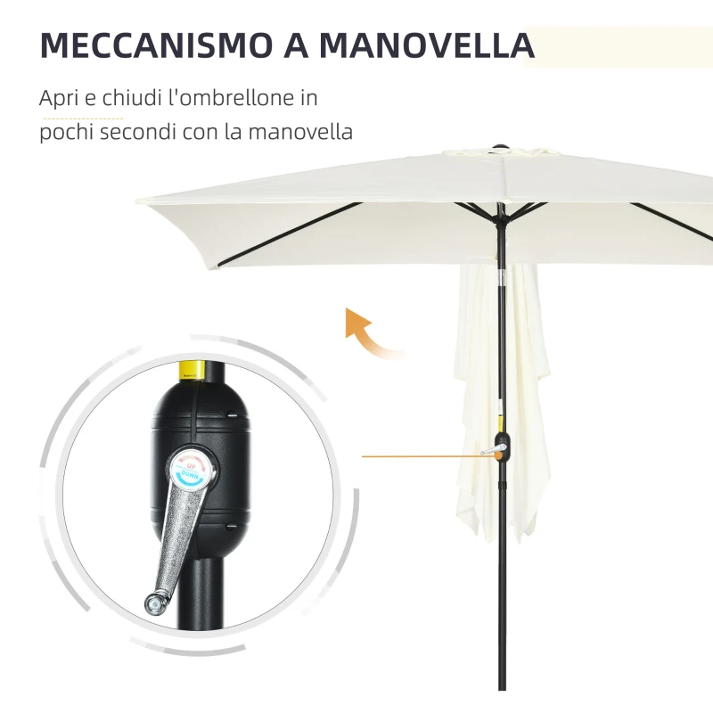 Outsunny Ombrellone Rettangolare 2x3 m Pieghevole e Regolabile con Manovella, in Alluminio e Poliestere, Bianco Crema