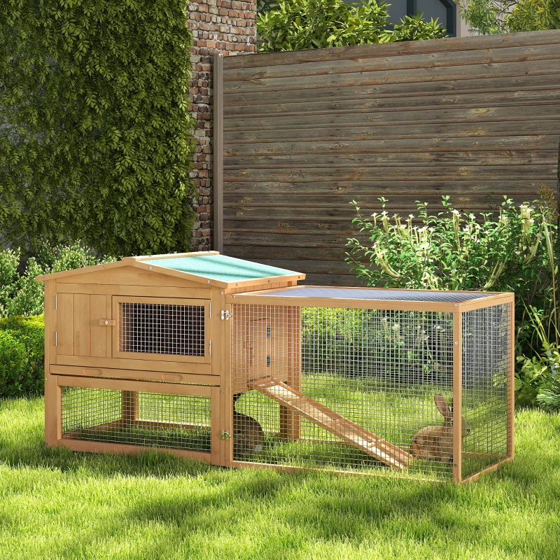 PawHut Clapier cage à lapins rongeurs 2 étages tiroir déjection enclos extérieur amovible toit ouvrant 158L x 58l x 68H cm bois massif pin
