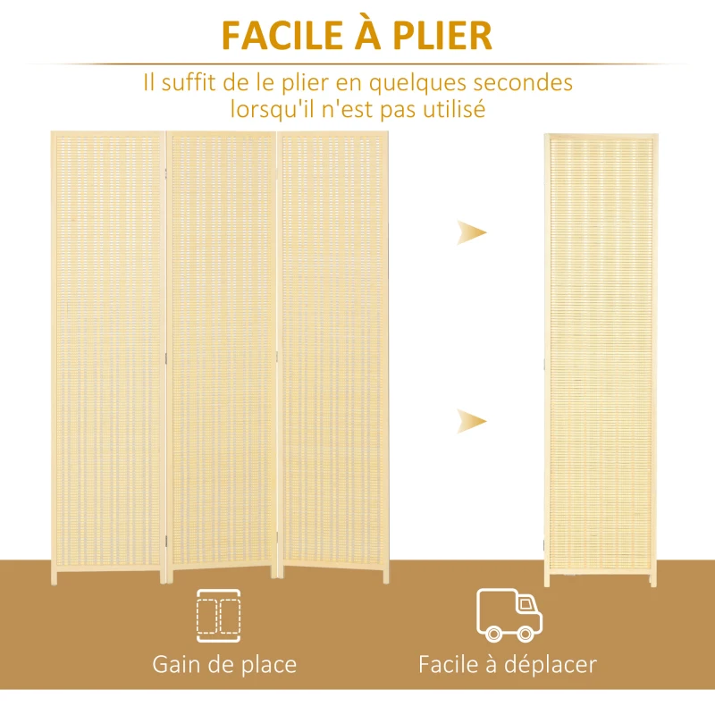 HOMCOM Paravent en bois séparateur de pièce closion de séparation pliable 3 panneaux 135 x 180 cm bois naturel