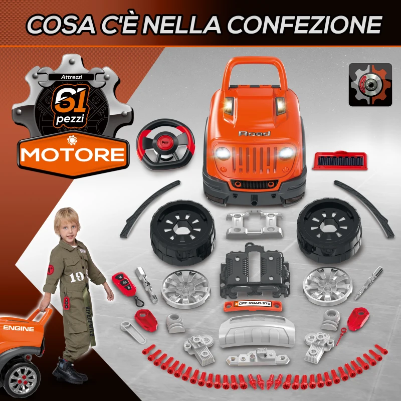 HOMCOM Officina Camion Giocattolo per Bambini 3-5 Anni con Motore, Ruote e Maniglia, 61 Accessori, 40x39x47cm, Arancione