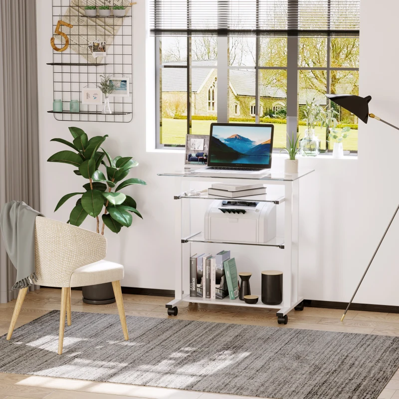 HOMCOM Compact Computer Desk with Keyboard Tray and Wheels, Mobile Home Office Desk for Small Spaces with Sliding Tempered Glass Shelf, White
