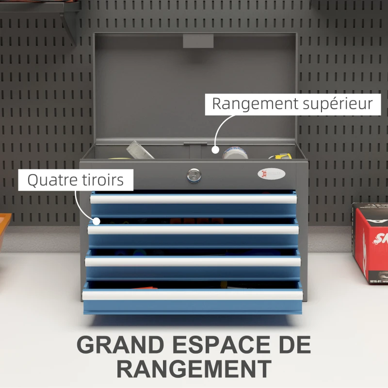 DURHAND Caisse boite à outils en métal avec 4 tiroirs et 1 plateau supérieur, verrouillable avec 2 clés fournies, 2 poignées