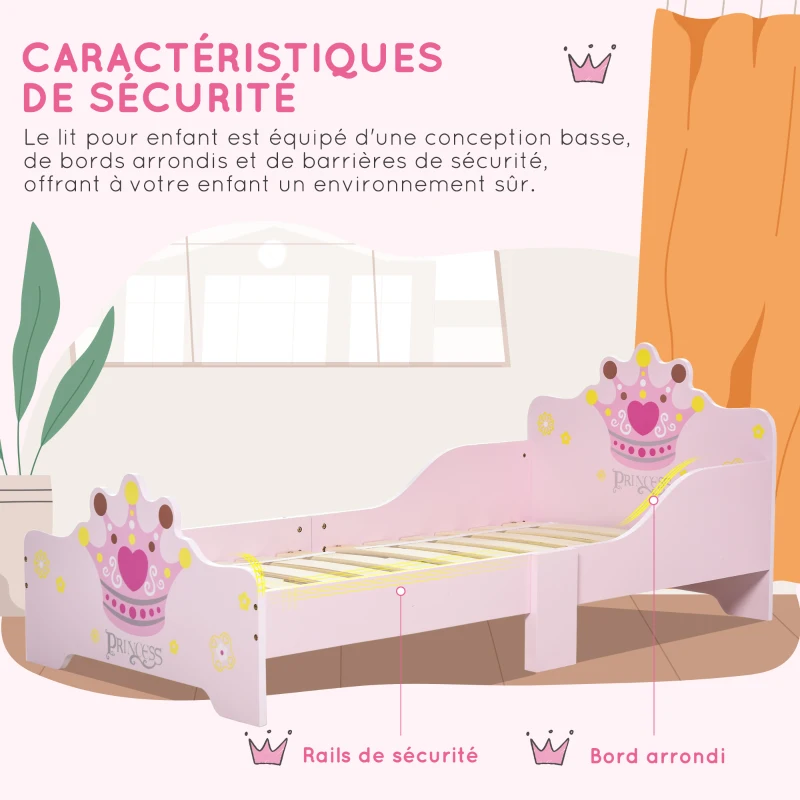 HOMCOM Lit Enfant et Ensemble table et chaises enfant - Design Princesse Motif Couronne - sommier à Lattes Inclus - Rose